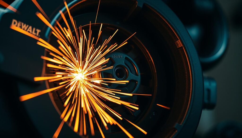 A close-up shot of a powerful Dewalt 734 planer motor in action, captured with a professional-grade camera lens. The motor's housing is rendered in sleek black metal, with intricate mechanical details visible. Vibrant sparks and glowing coils illuminate the scene, conveying the motor's impressive performance and power output. Dramatic low-angle lighting casts dramatic shadows, adding depth and intensity to the image. The overall composition focuses on the motor's core components, highlighting its engineering excellence and ability to effortlessly tackle demanding woodworking tasks.