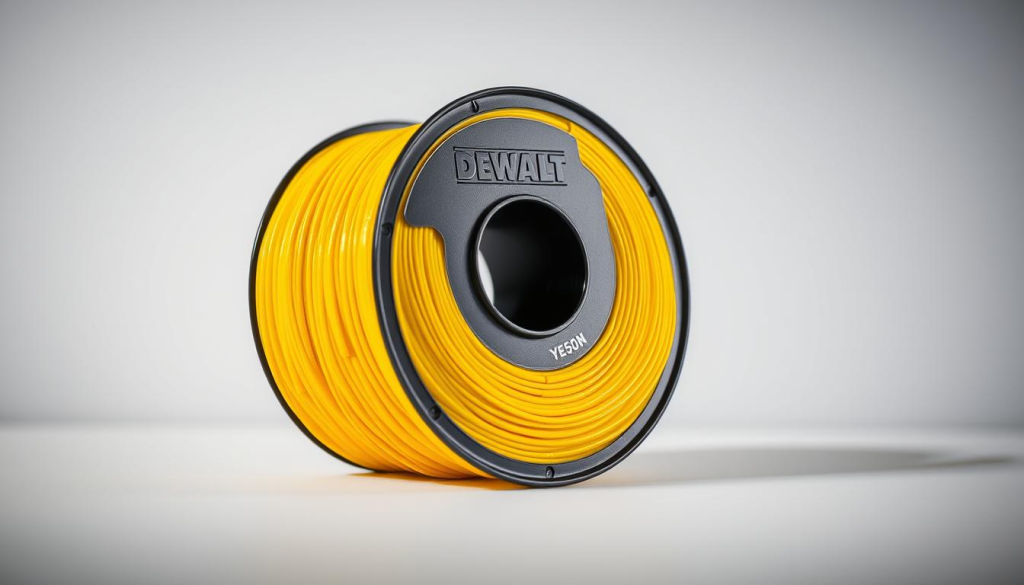 A close-up shot of a spool of DEWALT-branded yellow 3D printer filament, resting on a white surface. The filament is visibly textured, with a matte finish that catches the light, showcasing its high-quality appearance. The spool is centered in the frame, with a clean and minimalist background that allows the filament to be the focal point. Soft, even lighting illuminates the scene, creating a professional and well-crafted impression. The overall composition emphasizes the key features of the DEWALT yellow filament, such as its durability, reliability, and suitability for 3D printing applications.