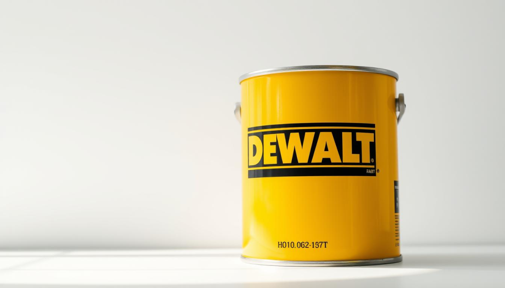 A close-up shot of a vibrant, durable DEWALT yellow paint can, showcased against a clean, white background. The paint can features the iconic DEWALT logo prominently displayed, with a glossy, well-maintained surface that exudes quality and reliability. The lighting is soft and directional, casting gentle shadows that accentuate the depth and texture of the paint can. The angle is slightly tilted, drawing the viewer's attention to the product's form and highlighting its sturdy, dependable construction. The overall mood is one of professionalism, trustworthiness, and the promise of long-lasting, high-performance results, perfectly capturing the essence of the DEWALT brand and the benefits of choosing their yellow paint.