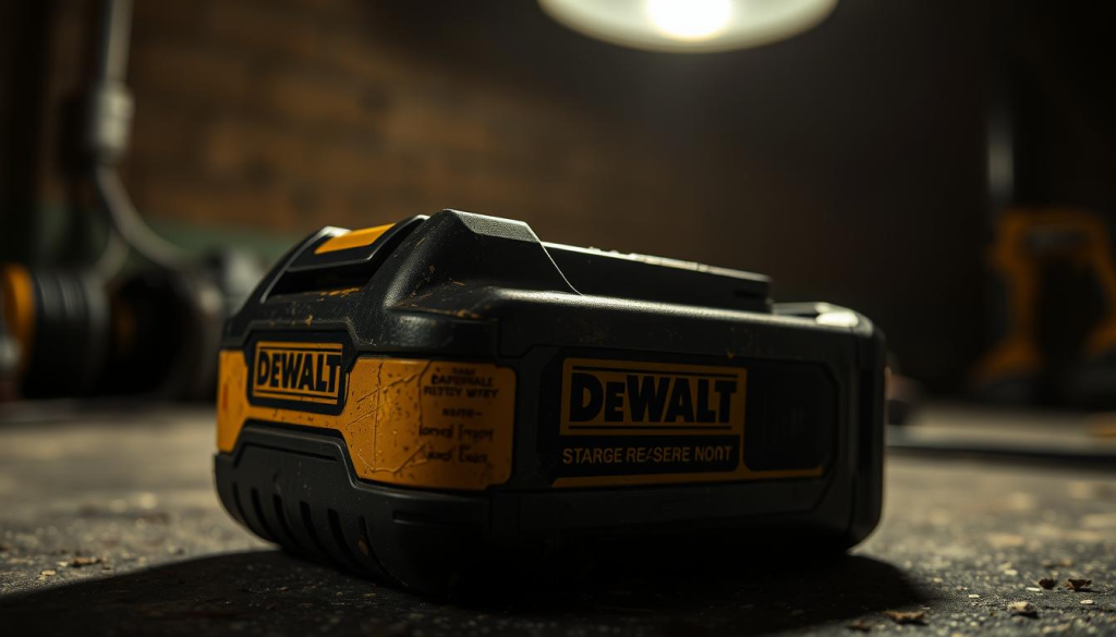 A close-up shot of a worn-out DEWALT rechargeable battery pack, its surface marred by scuffs and nicks, resting on a dimly lit workbench. The battery's charge indicator lights are fading, hinting at its diminished capacity. Soft shadows cast by a single overhead lamp create a moody, industrial atmosphere, highlighting the battery's deteriorating condition and the need for replacement. The image conveys a sense of aging and the importance of recognizing when a DEWALT battery's lifespan is nearing its end.