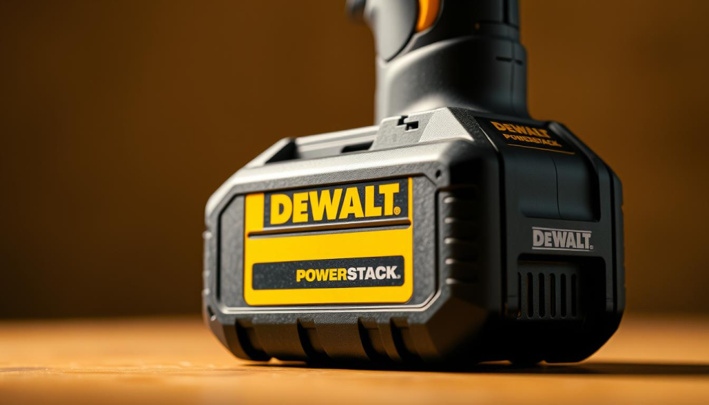 A close-up shot of the DEWALT POWERSTACK cordless power tool battery pack, showcasing its sleek and compact design. The battery is positioned at a slight angle, allowing a clear view of its textured surface and the prominent DEWALT logo. The background is softly blurred, creating a sense of depth and focus on the subject. The lighting is warm and directional, casting subtle shadows and highlighting the battery's contours. The overall mood is one of power, efficiency, and high-performance, reflecting the key benefits of the DEWALT POWERSTACK technology.