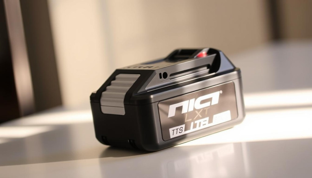 A close-up shot of the best Makita LXT battery, showcasing its sleek and durable design. The battery is positioned on a clean, well-lit surface, with a soft, warm light illuminating its details. The brushed metal casing reflects the light, creating a sense of premium quality. The battery's power indicator lights are visible, suggesting its state of charge. The image should convey the reliability, performance, and longevity that Makita LXT batteries are known for, aligning with the article's focus on maximizing their lifespan.