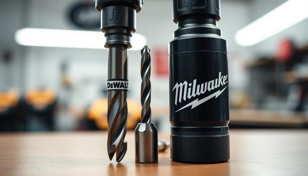 A close-up shot of two sets of drill bits, one with the DeWalt logo and the other with the Milwaukee logo, arranged side by side on a clean, well-lit workbench. The bits are in focus, showcasing their precise, high-quality construction. The lighting is soft and even, creating subtle shadows that highlight the texture and details of the metal. The background is blurred, keeping the attention on the bits and creating a sense of depth. The overall mood is one of professional, technical precision, reflecting the subject of the article section.