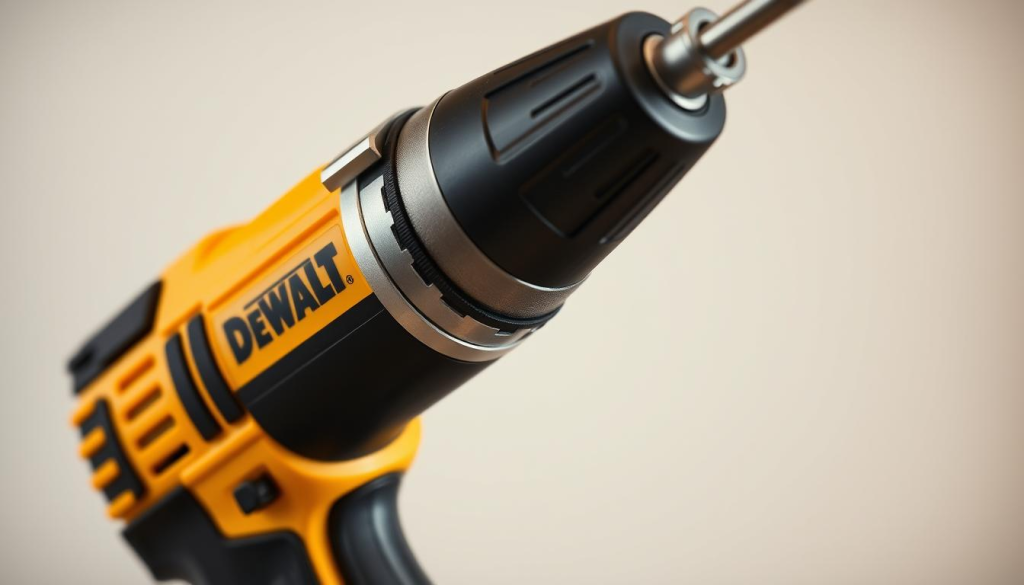 A close-up view of a DEWALT 09320 screwdriver, capturing its key safety features with precision. The tool is positioned against a clean, slightly out-of-focus background, allowing the details to stand out. Crisp, directional lighting accentuates the contours and highlights the ergonomic grip, the robust metal housing, and the prominent safety switch. The image conveys a sense of reliability, durability, and attention to user safety, reflecting the high-quality engineering of this power tool.