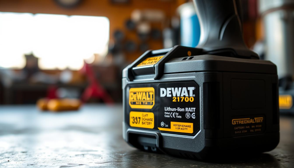 A close-up view of a DEWALT 21700 lithium-ion battery pack, positioned at an angle to showcase its robust design. The battery's metallic housing reflects a warm, natural lighting, highlighting its industrial aesthetic. The foreground showcases the battery's technical specifications, such as its capacity, voltage, and discharge rate, conveying a sense of power and performance. The middle ground features a subtle backdrop of a workshop or garage setting, suggesting the battery's intended use in power tools and outdoor equipment. The overall atmosphere exudes a sense of reliability, durability, and the reliable performance associated with the DEWALT brand.