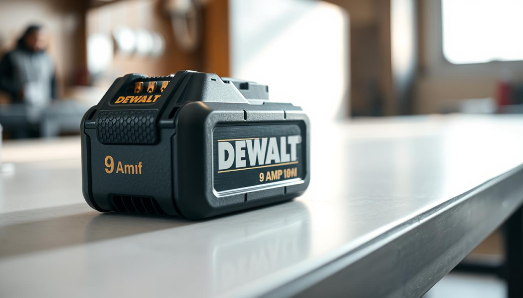 A close-up view of a DEWALT 9 amp battery pack resting on a clean, well-lit workbench. The battery's rugged, textured surface is clearly visible, with the DEWALT logo prominently displayed. Soft, directional lighting from the side casts subtle shadows, highlighting the battery's angular design and metal contacts. The background is out of focus, creating a sense of depth and emphasis on the battery. The overall mood is one of precision, reliability, and attention to detail - perfectly capturing the essence of maintaining a powerful DEWALT power tool battery.