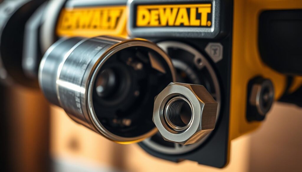 A close-up view of a DEWALT Nut Runner, its precision mechanisms in action. In the foreground, a shiny chrome socket grips a nut, its teeth biting down with controlled force. The middle ground reveals the tool's intricate internal assembly - gears, bearings, and a powerful motor poised to deliver consistent torque. The background is softly blurred, focusing the viewer's attention on the fastening process. Warm, directional lighting casts dramatic shadows, emphasizing the tool's robust construction and engineering prowess. An atmosphere of expertise, efficiency, and reliability permeates the scene, inviting the viewer to experience effortless, professional-grade fastening.