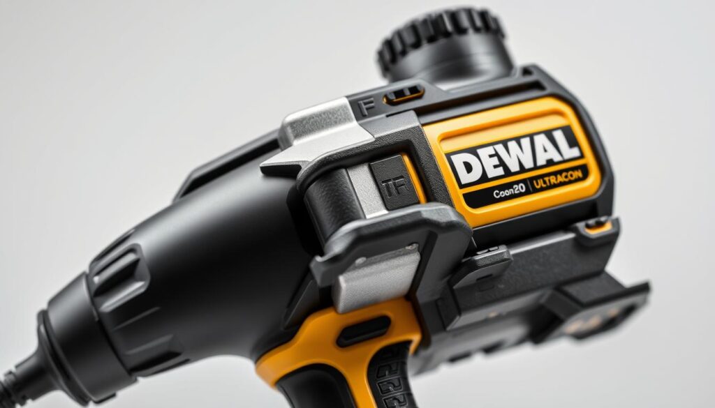 A close-up view of a DEWALT ULTRACON power tool, showcasing its rugged, industrial-grade construction. The tool's body is made of a durable, impact-resistant composite material, with prominent DEWALT branding and a sleek, modern design. The lighting is evenly distributed, highlighting the tool's intricate contours and textured surfaces. The background is a clean, neutral studio setting, allowing the tool to be the central focus, emphasizing its superior build quality and uncompromising durability.
