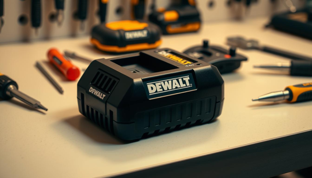 A close-up view of a DEWALT USB-C charger on a clean, organized workbench, with various maintenance tools arranged neatly around it. The charger is illuminated by a warm, directional light, casting subtle shadows and highlighting its sleek, durable design. The background is a soft, neutral color, keeping the focus on the charger and the maintenance process. The composition emphasizes the importance of proper care and attention to detail when maintaining this essential power tool accessory.