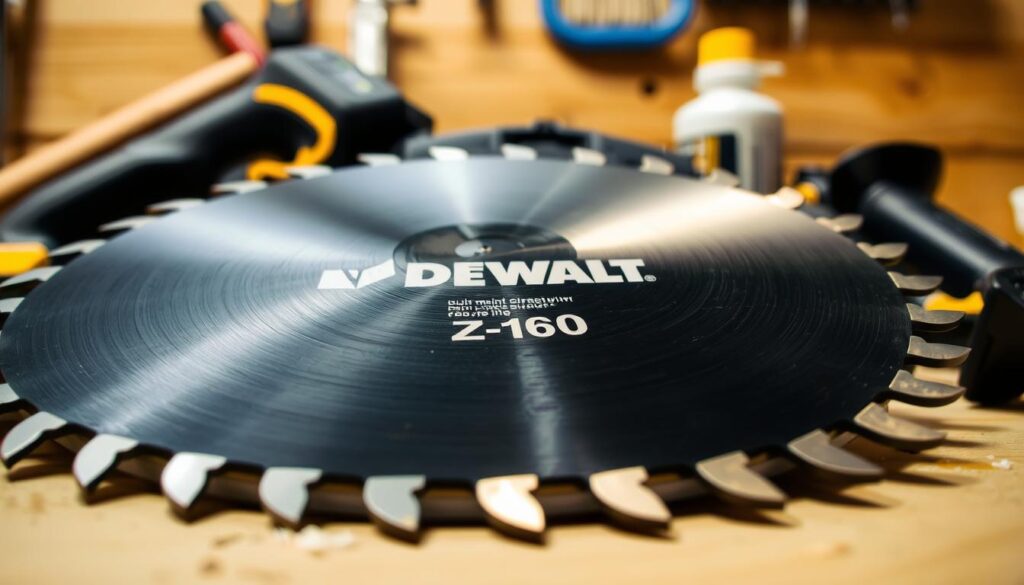 A close-up view of a DEWALT Z160 circular saw blade, resting on a clean, well-lit workbench. The blade's teeth are clearly visible, showcasing their sharp and precise design. The lighting casts gentle shadows, emphasizing the blade's intricate details and texture. In the background, various maintenance tools, such as a brush and lubricant, are neatly arranged, suggesting a methodical approach to blade care. The overall scene conveys a sense of professionalism and attention to detail, aligning with the article's focus on proper blade maintenance for optimal performance.
