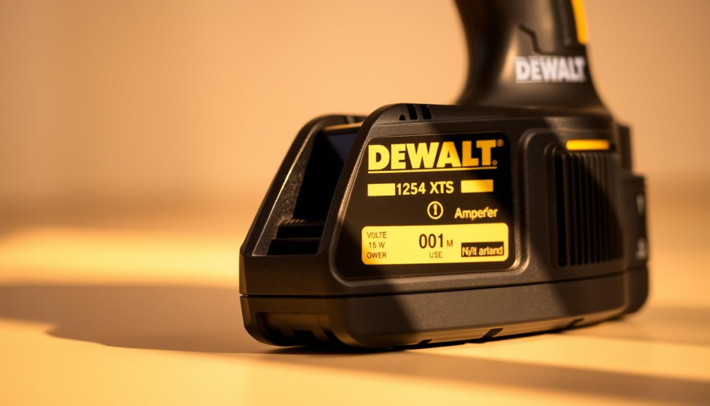 A close-up view of a DEWALT battery charger with its power rating prominently displayed. The charger is set against a neutral, slightly blurred background, allowing the device to be the focal point. Warm, directional lighting highlights the sleek, black design of the charger, casting subtle shadows that add depth and dimension. The power rating is clearly visible, displaying the voltage and amperage in a clean, legible font. The overall composition emphasizes the technical specifications of the charger, conveying its power and functionality in a visually appealing manner.
