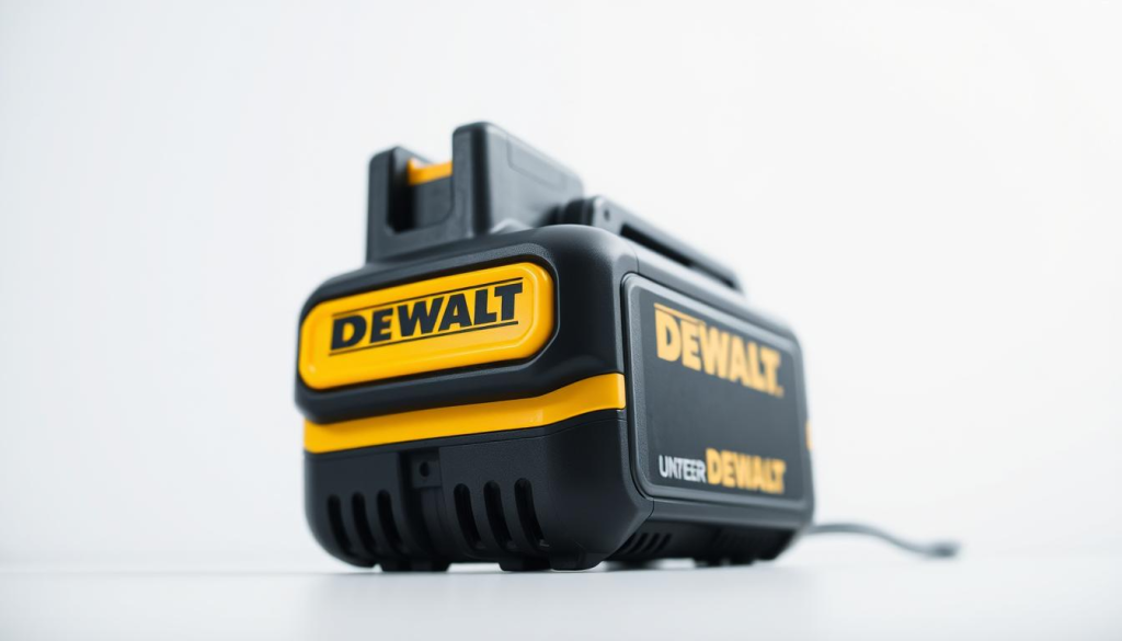 A close-up view of a DEWALT battery pack against a bright, diffused background. The battery pack is prominently displayed, showcasing its sleek black and yellow design. The camera angle is slightly elevated, emphasizing the battery's form and capturing the intricate details of the charging ports and contacts. The lighting is soft and evenly distributed, creating a clean, professional atmosphere. The depth of field is shallow, keeping the battery in sharp focus while subtly blurring the background. The overall mood is one of precision, reliability, and technical prowess, conveying the characteristics of the DEWALT brand and the importance of battery charging time.