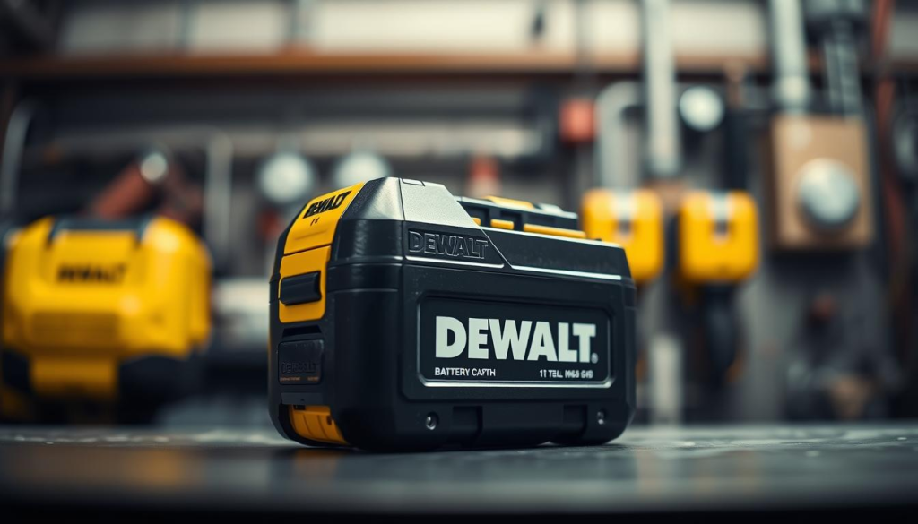 A close-up view of a DEWALT battery pack, showcased against a softly blurred industrial workshop backdrop. The battery is positioned prominently, its sleek black casing and yellow accents reflecting a bright, focused light. The image conveys a sense of precision and technological innovation, hinting at the importance of battery tracking and management in modern power tools. The depth of field draws the viewer's attention to the battery, while the slightly muted, techno-industrial environment suggests the practical, utilitarian nature of the subject matter.