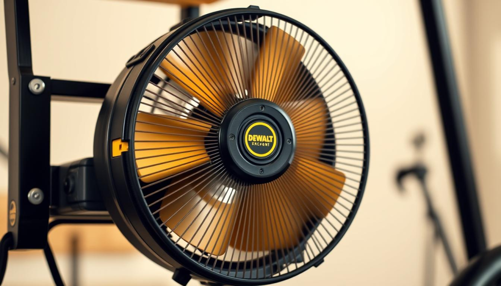 A close-up view of a DEWALT high-powered brushless motor fan, designed for golf cart maintenance. The fan is mounted on a sturdy metal bracket, with its blades spinning at a steady pace, generating a strong airflow. The fan's casing is made of durable black plastic, with the iconic DEWALT yellow accents. The lighting is soft and diffused, creating a warm, workmanlike atmosphere. The angle showcases the fan's internal components and construction, highlighting its robust and reliable design. The background is a clean, uncluttered workspace, emphasizing the fan's purpose as a essential tool for keeping golf carts running smoothly.