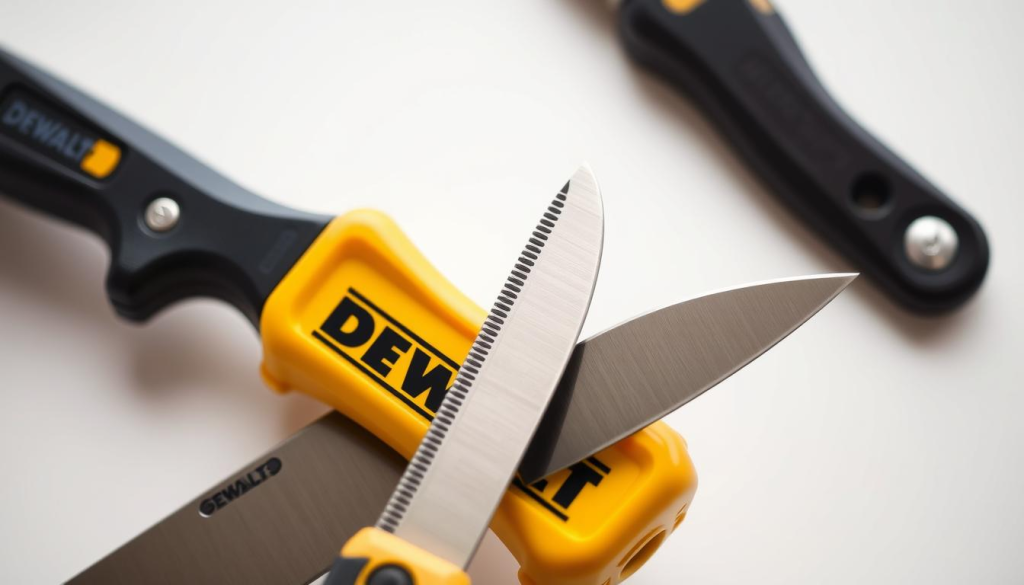 A close-up view of a DEWALT knife set, showcasing its durability. The knives are prominently displayed against a clean, well-lit background, with a soft, diffused lighting that accentuates their sleek, metallic finish. The blades gleam, highlighting their sharpness and quality craftsmanship. The set is arranged in a visually striking manner, with the knives positioned at varying angles to create a sense of depth and dynamism. The overall composition emphasizes the resilience and dependability of the DEWALT brand, inviting the viewer to imagine the tool's performance in everyday cutting tasks.