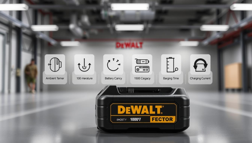 A close-up view of a DEWALT power tool battery, showcasing the various factors that influence its charging time. The battery is positioned in the foreground, with a detailed illustration of its internal components, such as the charging circuitry and temperature sensors. In the middle ground, a series of icons and infographics depict the key factors that affect charging speed, including ambient temperature, battery capacity, and charging current. The background features a clean, minimalist industrial setting, with subtle lighting that emphasizes the technical nature of the subject matter. The overall tone is one of technical precision and attention to detail, reflecting the importance of understanding these factors for efficient battery management.