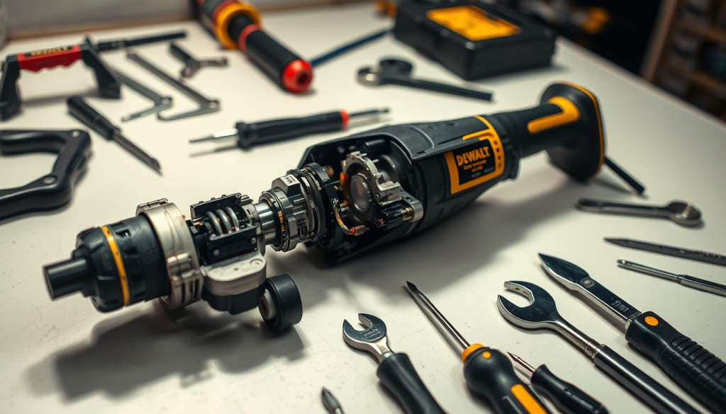 A close-up view of a DEWALT power tool disassembled on a workbench, revealing its inner components. The tool lies on a clean, well-lit surface, with various screwdrivers, wrenches, and other repair tools arranged neatly around it. The lighting is soft and diffused, creating subtle shadows that highlight the intricate details of the tool's structure. The atmosphere conveys a sense of methodical troubleshooting, with a focus on identifying and addressing the underlying issues that may require repair.