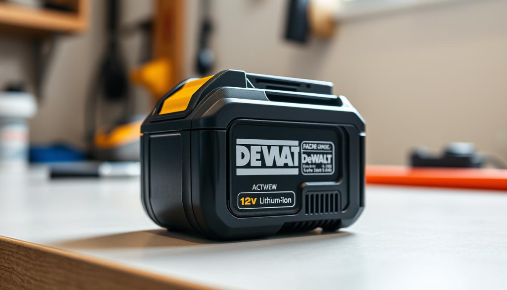 A close-up view of a DeWalt 12V lithium-ion battery pack, showcasing its intricate internal components. The battery is nestled on a clean, well-lit workbench, illuminated by a soft, natural light source. The image highlights the battery's sturdy construction, sleek design, and the various terminals and connectors that allow for efficient power transfer. The background is slightly blurred, emphasizing the battery as the focal point. The overall atmosphere conveys a sense of precision, durability, and attention to detail - key attributes for maintaining and caring for this power tool accessory.
