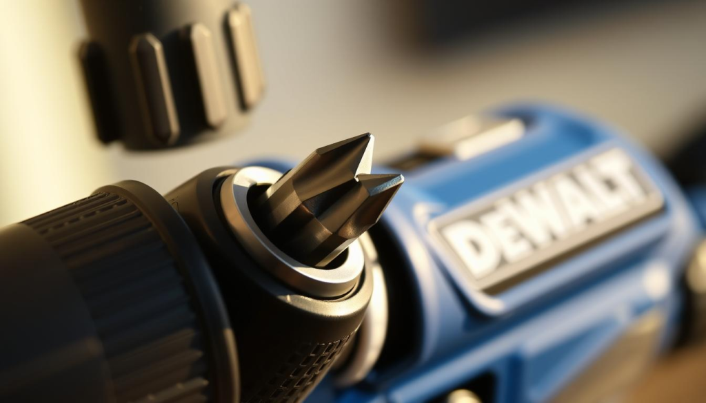 A close-up view of a DeWalt cordless drill, its chuck open and ready to receive a metal drill bit. The bit is glistening, its flutes and point clearly visible as it hovers above the chuck. The drill's textured grip fills the foreground, its blue and black colors contrasting against a softly blurred backdrop. Warm, directional lighting illuminates the scene, casting subtle shadows that emphasize the drill's form and the bit's precise geometry. The overall mood is one of technical precision, inviting the viewer to closely observe the process of securely inserting a drill bit into the power tool.