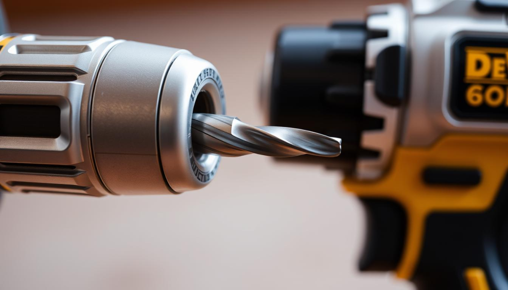 A close-up view of a DeWalt cordless drill, its metallic body gleaming under soft, diffused lighting. The drill's chuck is open, revealing the precise insertion of a sharp, steel drill bit. The bit's grooved shank fits snugly into the chuck, creating a secure, interlocking connection. The foreground is in sharp focus, drawing the viewer's attention to the skilled, deliberate motion of inserting the bit. The background is subtly blurred, maintaining a sense of depth and emphasis on the central action. The overall mood is one of technical precision and attention to detail, befitting the "Steps to Insert a Drill Bit" section of the article.