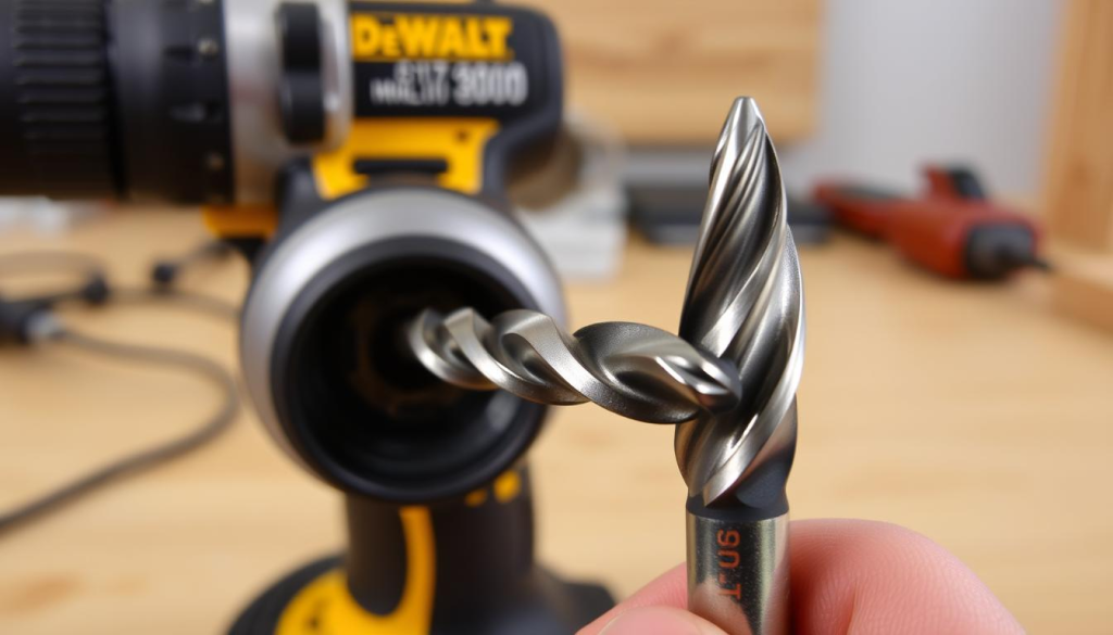 A close-up view of a DeWalt cordless drill, with the chuck open and a drill bit ready for insertion. The drill is positioned on a clean, well-lit workbench, showcasing the smooth, metallic body and ergonomic grip. The drill bit, likely a high-quality, titanium-coated model, is held in the foreground, its sharp, fluted edges gleaming under the warm, directional lighting. The background is slightly blurred, emphasizing the drill and bit as the focal points, capturing the sense of focused preparation before the drilling process begins. The overall mood is one of precision, efficiency, and the anticipation of a successful DIY project.