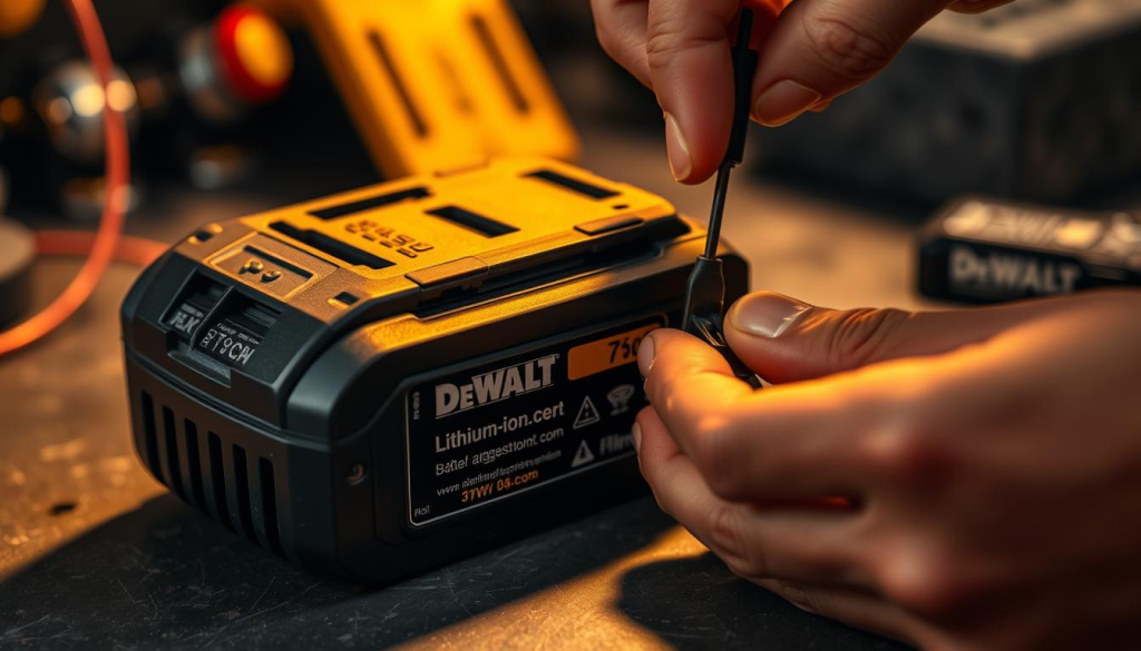 A close-up view of a DeWalt lithium-ion battery pack, resting on a workbench. The battery's sleek black casing is highlighted by warm, directional lighting, casting subtle shadows that accentuate its contoured design. In the foreground, a pair of mechanic's hands carefully inspecting the battery terminals, checking for any signs of corrosion or damage. The background is slightly blurred, maintaining the focus on the battery and the maintenance procedure. The overall scene conveys a sense of precision, care, and attention to detail, reflecting the importance of proper battery maintenance for ensuring the long-term performance and reliability of DeWalt power tools.