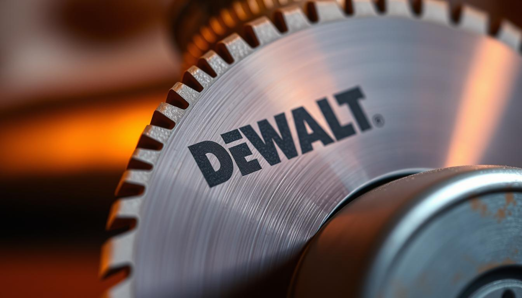 A close-up view of a DeWalt planer blade, illuminated by warm directional lighting that accentuates the metal's textures and edges. The blade is positioned at a slight angle, allowing for detailed inspection of the cutting edge and any signs of wear or damage. The background is blurred, keeping the focus solely on the blade itself, showcasing its importance in the woodworking process. The image conveys a sense of precision and the need for careful examination to ensure optimal performance and safety.