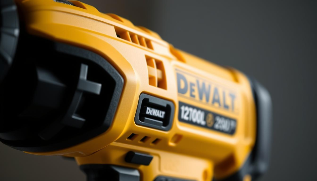 A close-up view of a DeWalt power tool, showcasing its ergonomic design. The tool has a sleek, contoured grip that fits comfortably in the hand, with a rubberized surface for improved traction and control. The body is constructed from durable, lightweight materials, with a balanced weight distribution that reduces fatigue during extended use. The trigger and control buttons are positioned within easy reach, allowing for precise, one-handed operation. The tool is illuminated by a soft, diffused light, highlighting its clean, modern aesthetics. The background is blurred, creating a focus on the tool's intricate details and ergonomic features.
