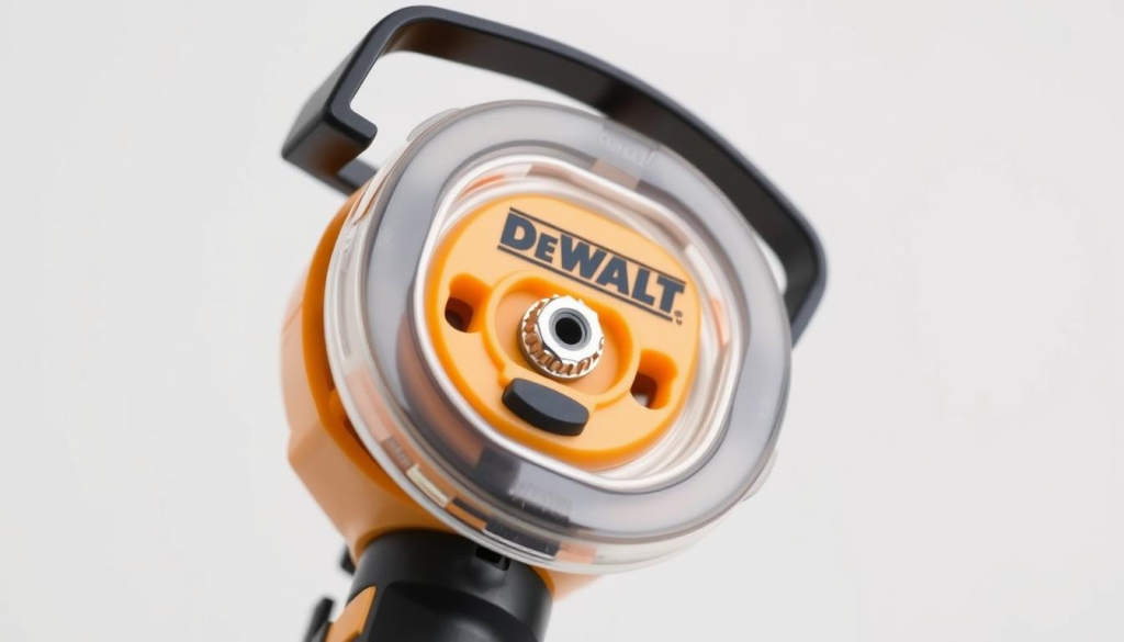 A close-up view of a Dewalt Quick Load trimmer head, showcased against a plain white background. The trimmer head is shown in crisp detail, with its clear plastic cover and the metallic release mechanism prominently displayed. Soft, even lighting illuminates the product, allowing its sleek, modern design to shine. The image conveys a sense of simplicity and functionality, highlighting the ease of use and convenience of this trimmer head. The overall mood is one of professionalism and product focus, suitable for a section on user testimonials and reviews.