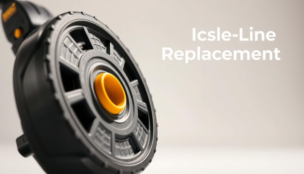 A close-up view of a Dewalt weed trimmer spool, captured in a well-lit studio setting. The spool is prominently featured in the foreground, showcasing its rugged construction and intricate design. Subtle highlights accentuate the textured surface, while a soft, neutral background allows the product to take center stage. The lighting is carefully positioned to create a sense of depth and three-dimensionality, revealing the spool's contours and features in vivid detail. The overall composition conveys a sense of quality, reliability, and efficiency - aligning with the "Hassle-Free Line Replacement" concept highlighted in the article's section title.