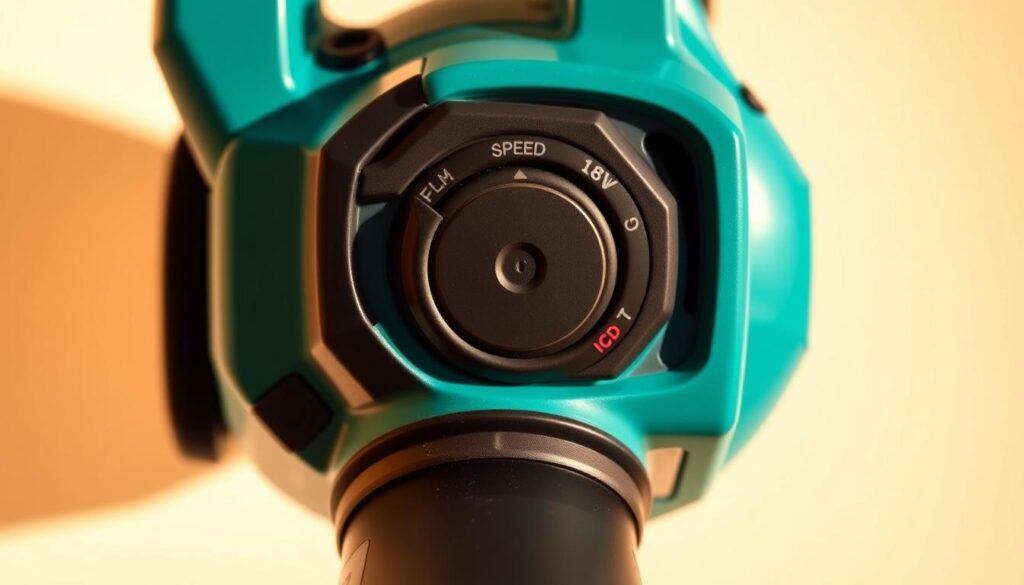 A close-up view of a Makita 18V blower's control panel, showcased against a clean, bright background. The controls are depicted with precision, highlighting the speed dial, power button, and battery indicator. The image captures the practical and ergonomic design, emphasizing the blower's user-friendly operation. Soft shadows and warm lighting create a sense of depth, while the overall composition draws the viewer's attention to the key control features. The image aims to provide a clear, detailed illustration of the blower's intuitive interface, suitable for inclusion in an article discussing its operating modes and controls.
