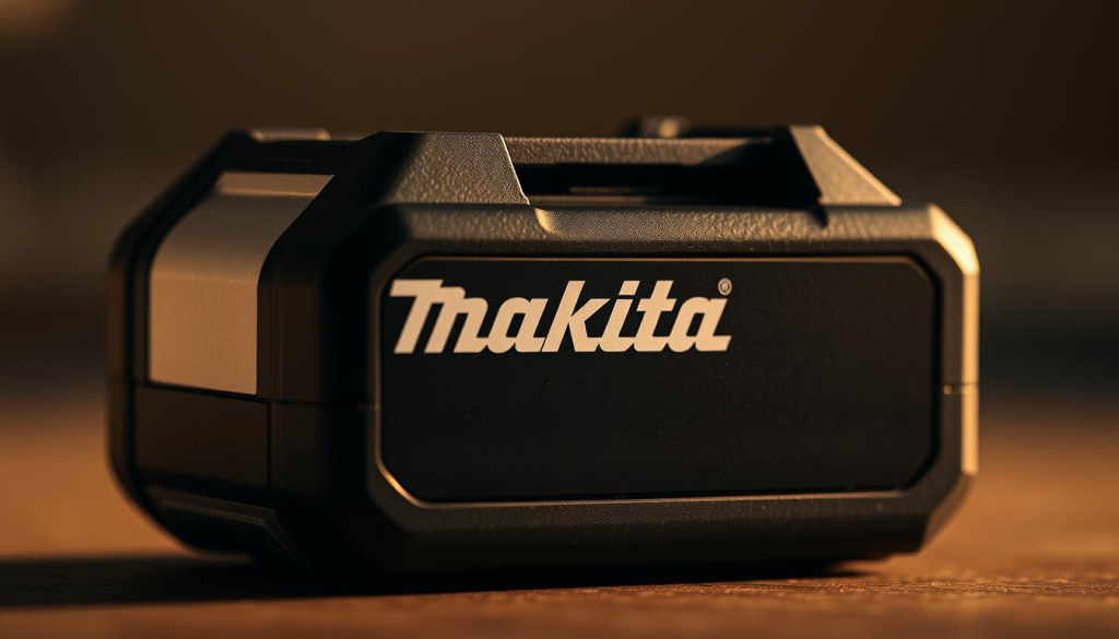 A close-up view of a Makita LXT lithium-ion battery pack, showcasing its advanced technology. The battery's sleek, black casing is highlighted by warm, directional lighting that casts subtle shadows, emphasizing its compact and ergonomic design. The textured surface and precise contours of the battery evoke a sense of durability and high-performance engineering. In the middle ground, the Makita logo is prominently displayed, reinforcing the brand's reputation for power and innovation. The background is slightly blurred, keeping the focus on the battery's key features and technical details.