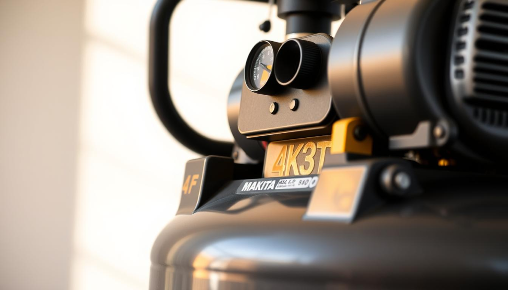 A close-up view of a Makita MAC5200 air compressor, its metallic body reflecting a warm, natural light. The compressor is set against a minimalist background, allowing the device's robust construction and attention to detail to take center stage. The lens captures the compressor's control panel, showcasing its easy-to-read gauges and intuitive controls. The overall composition conveys a sense of reliability, power, and precision - attributes that would be highlighted in customer reviews of this industrial-grade air compressor.