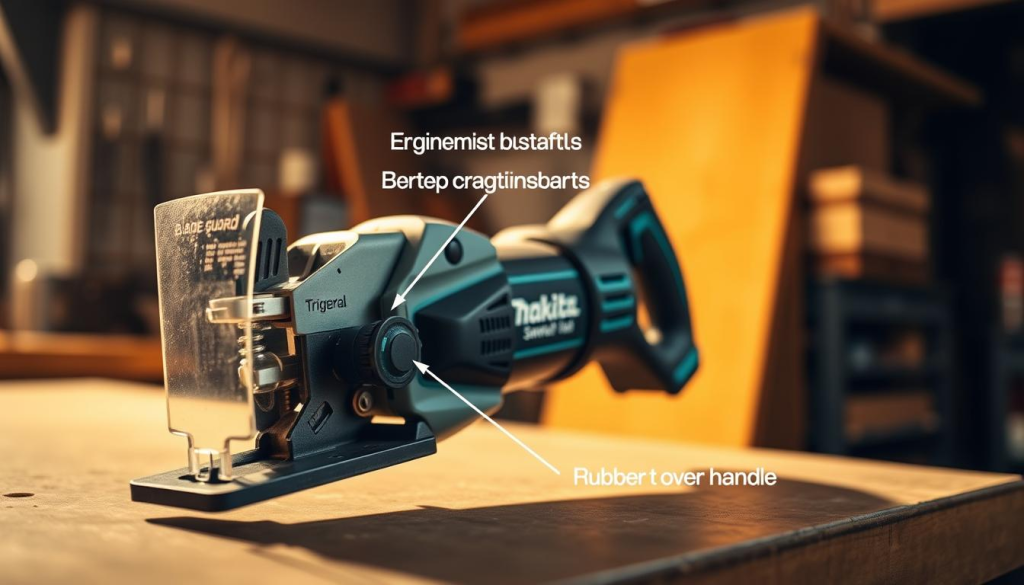 A close-up view of a Makita Sawzall reciprocating saw, showcasing its key safety features. The saw is positioned on a workbench, illuminated by warm, directional lighting that casts subtle shadows. In the foreground, the saw's blade guard and trigger lock mechanism are prominently displayed, highlighting their purpose in preventing accidental startups and blade exposure. The middle ground focuses on the ergonomic handle and rubber overmold, providing a secure and comfortable grip for the user. In the background, a soft, blurred environment suggests a professional workshop setting, emphasizing the tool's suitability for both DIY and professional applications.