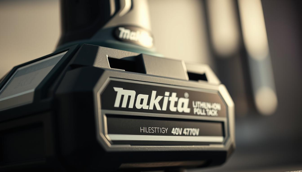 A close-up view of a Makita lithium-ion battery pack, featuring its sleek and robust design. The battery is illuminated by soft, directional lighting, casting subtle shadows that accentuate its contoured surfaces and metallic accents. The foreground is in sharp focus, while the background is gently blurred, creating a sense of depth and emphasis on the battery. The image conveys the power, reliability, and premium quality of the Makita 40V battery, highlighting its key features that make it a reliable choice for powerful tool operation.