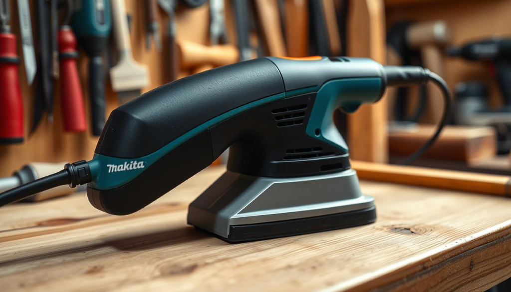 A close-up view of a Makita palm sander resting on a wooden workbench, with its smooth, compact body and ergonomic design prominently displayed. The sander is positioned against a backdrop of various woodworking tools, suggesting a well-equipped workshop. Soft, warm lighting gently illuminates the scene, casting subtle shadows and highlighting the sander's sleek, high-quality construction. The image conveys a sense of attention to detail and care, reflecting the importance of maintaining this essential power tool for precision sanding tasks.