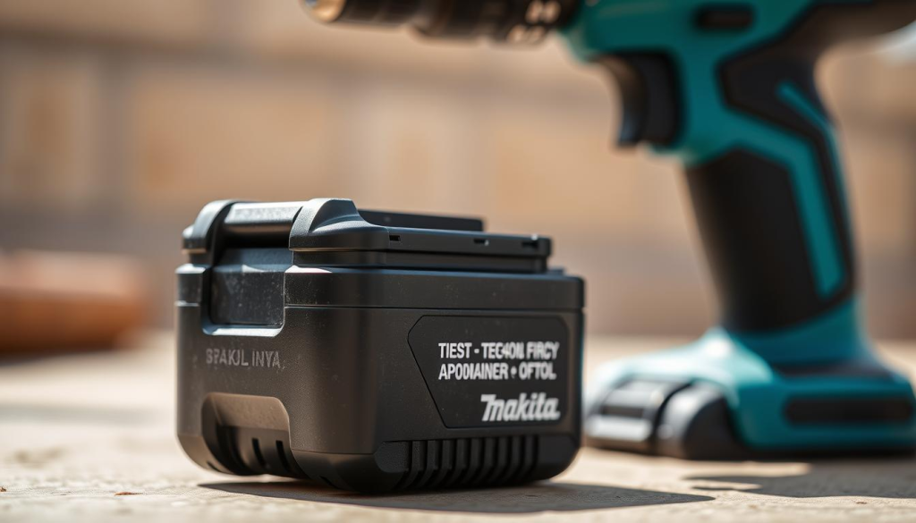 A close-up view of a Makita right-angle drill's battery, capturing its intricate design and precise engineering. The battery sits prominently in the foreground, its sleek casing and robust construction evident. In the middle ground, the drill's body is partially visible, hinting at the power and control it offers. The background is softly blurred, creating a sense of focus on the battery's essential role. The lighting is natural and directional, highlighting the battery's contours and emphasizing its importance. The overall mood is one of precision, reliability, and the efficient performance that Makita power tools are known for.
