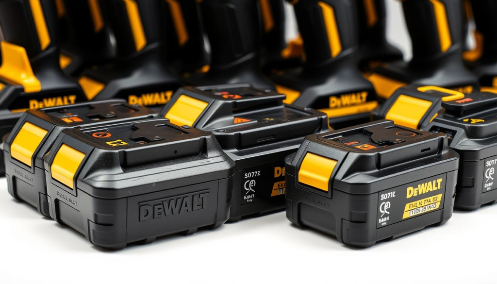 A close-up view of a collection of DeWalt power tool batteries, each showcasing their unique design and branding. The batteries are arranged in a visually compelling manner, highlighting their varied shapes, sizes, and compatibility indicators. The image is captured with a sharp, high-resolution lens, emphasizing the textural details and color contrasts. The lighting is soft and diffused, creating a clean, professional-looking composition that underscores the limitations and complexities of battery interchangeability within the DeWalt power tool ecosystem.