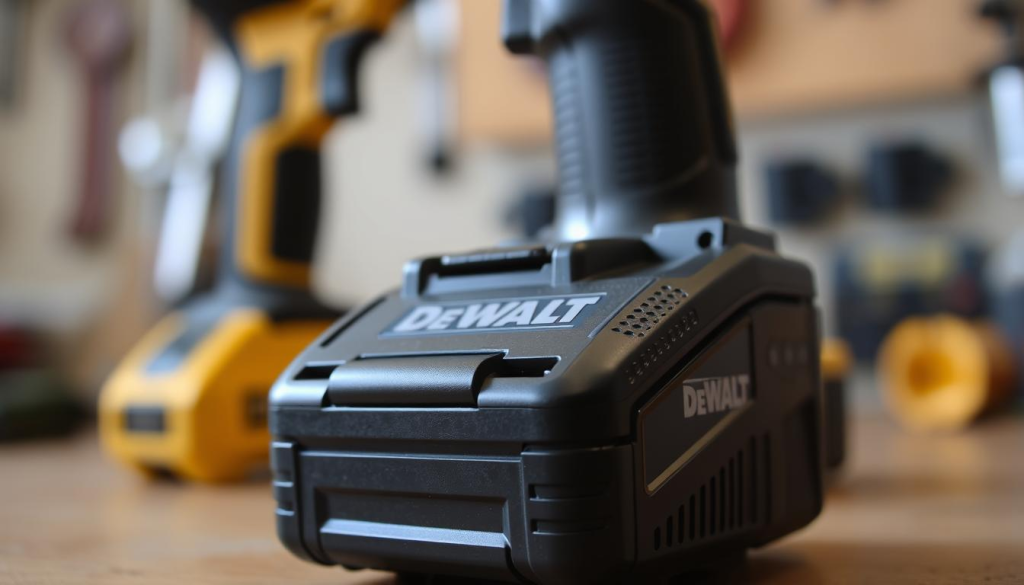 A close-up view of a modern DEWALT cordless power tool battery pack, its sleek black casing reflecting the soft, warm lighting of a home workshop. The battery's surface is textured with intricate grooves and vents, hinting at its advanced engineering. In the background, a blurred outline of a DEWALT tool, suggesting the battery's intended use. The composition emphasizes the battery's compact, ergonomic design, conveying a sense of power and efficiency in a portable package.