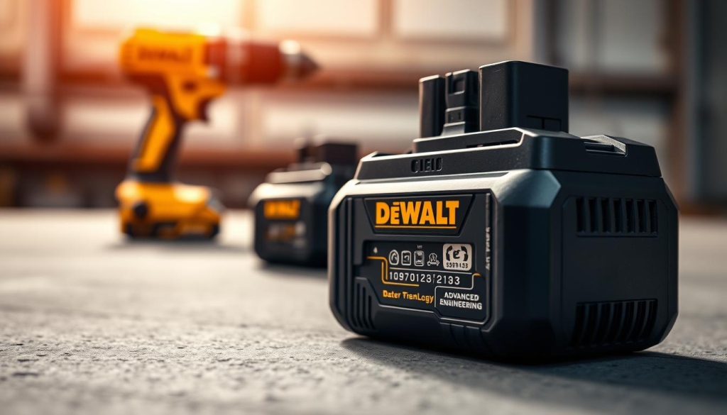 A close-up view of a modern Dewalt battery pack, showcasing its intricate internal circuitry and advanced technology. The battery is set against a stark, industrial background, bathed in warm, directional lighting that highlights the precision engineering and sleek, black casing. The foreground is in sharp focus, drawing the viewer's attention to the battery's detailed components, such as the circuit board, metal contacts, and cooling vents. The middle ground features a blurred, slightly out-of-focus Dewalt power tool, hinting at the battery's powerful performance and seamless integration with the brand's products. The background is a muted, monochromatic palette, creating a sense of minimalism and emphasizing the battery's technological sophistication.