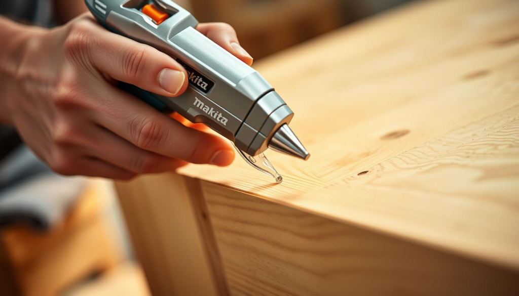 A close-up view of a person's hands skillfully operating a Makita glue gun, applying a steady stream of adhesive onto a wooden surface. The glue gun is held at a slight angle, its metallic body gleaming under the warm, focused lighting that illuminates the workpiece. The person's movements are deliberate and precise, showcasing the intuitive, ergonomic design of the tool. The background is blurred, keeping the attention on the task at hand and the seamless integration of the Makita glue gun into the user's workflow. The overall scene conveys a sense of mastery, efficiency, and the satisfying process of creating with the help of this reliable, high-quality power tool.