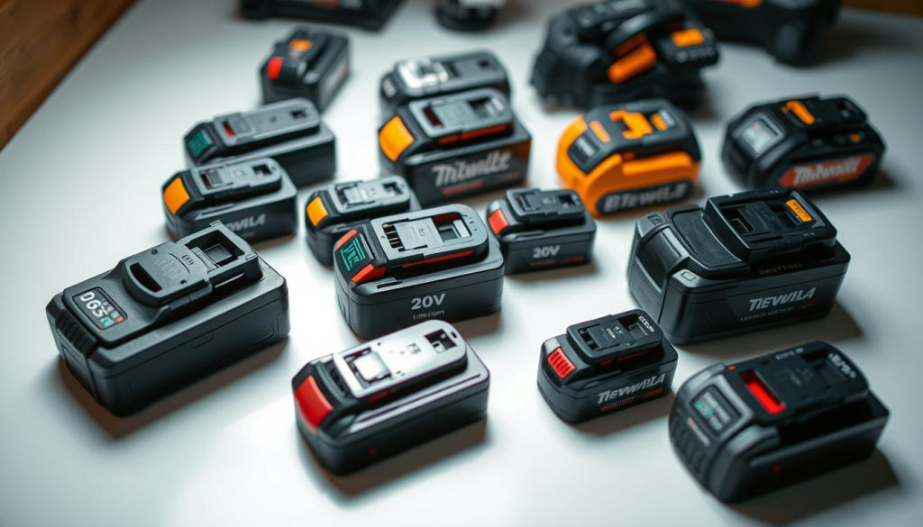 A close-up view of a variety of power tool battery types, neatly arranged on a clean, white surface. The batteries are illuminated from above, casting soft shadows and highlighting their unique shapes, sizes, and colors. In the foreground, the main focus is on the most popular battery types, such as 20V, 40V, and 60V lithium-ion batteries, showcasing their distinctive designs and features. In the middle ground, smaller batteries of different voltages are also present, demonstrating the range of options available. The background is slightly blurred, creating a sense of depth and emphasizing the importance of the batteries in the composition.