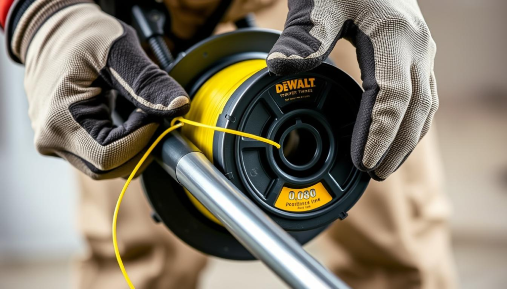 A close-up view of a worker's hands carefully threading a Dewalt 0.080 trimmer line through the spool of a lawn trimmer. The line is bright yellow and stands out against the black plastic casing. The hands are wearing protective gloves, and the background is blurred, putting the focus on the intricate process of properly installing the trimmer line. Soft, even lighting illuminates the scene, creating a sense of precision and attention to detail. The overall mood is one of confident, skilled maintenance, reflecting the reliable nature of the Dewalt trimmer line product.