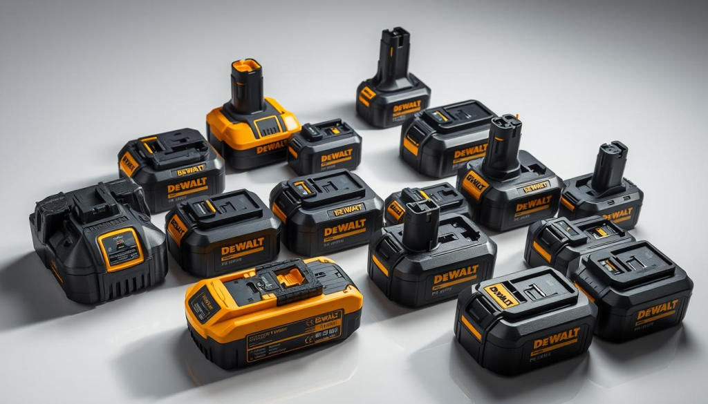 A close-up view of an array of DeWalt rechargeable power tool batteries in various shapes and sizes, neatly arranged on a clean, reflective surface. The batteries are illuminated from above, casting soft shadows that accentuate their sleek, angular designs. The lighting creates a sense of depth and dimensionality, while maintaining a crisp, high-contrast appearance. The overall composition focuses on the diverse battery types, highlighting their unique features and capabilities. The background is muted and uncluttered, allowing the batteries to take center stage and convey a sense of technical precision and professionalism.