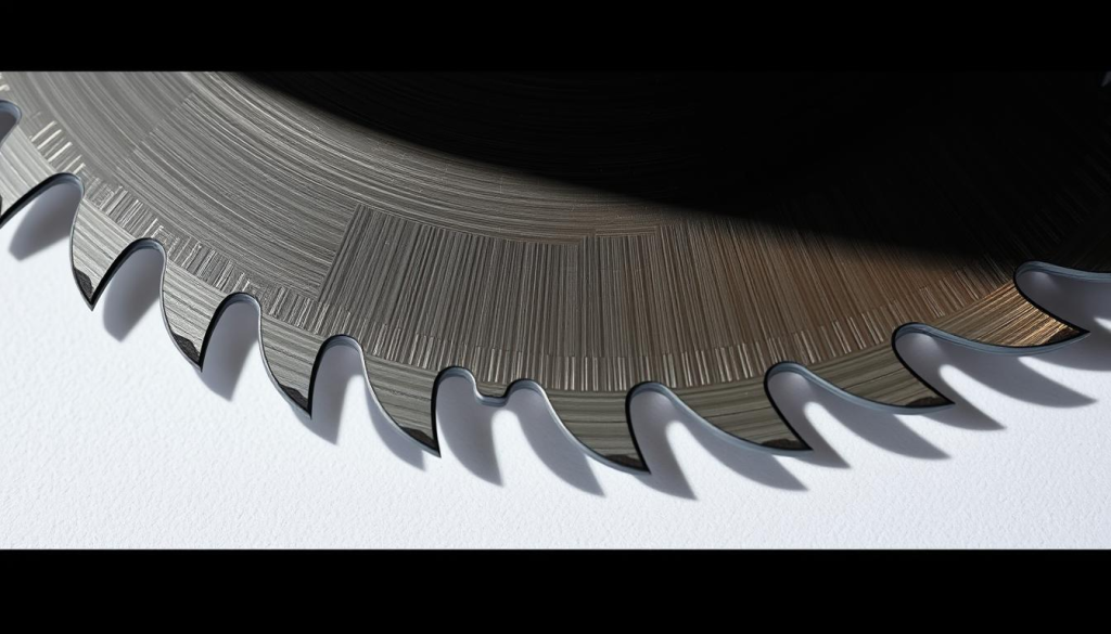 A close-up view of an innovative metal cutting saw blade, showcasing its intricate and precise design. The blade's teeth are sharp and evenly spaced, with a sleek, industrial aesthetic. The blade is made of high-quality, durable materials, appearing to be forged with precision and care. The lighting is directional, creating shadows that accentuate the blade's contours and edges, highlighting its mechanical excellence. The background is clean and minimalist, allowing the blade to be the focal point, emphasizing its key features and technological advancements.