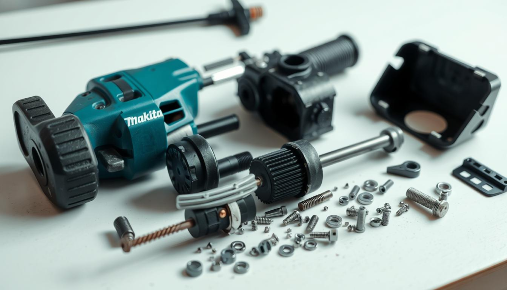 A close-up view of disassembled Makita jackhammer parts, meticulously arranged on a clean, white workbench. The parts include the hammer mechanism, the drill bit, the motor housing, and various screws and washers. The lighting is soft and even, highlighting the intricate details and textures of the components. The angle is slightly elevated, giving a sense of depth and emphasizing the technical nature of the scene. The overall mood is one of precision, order, and a focus on maintenance and repair.