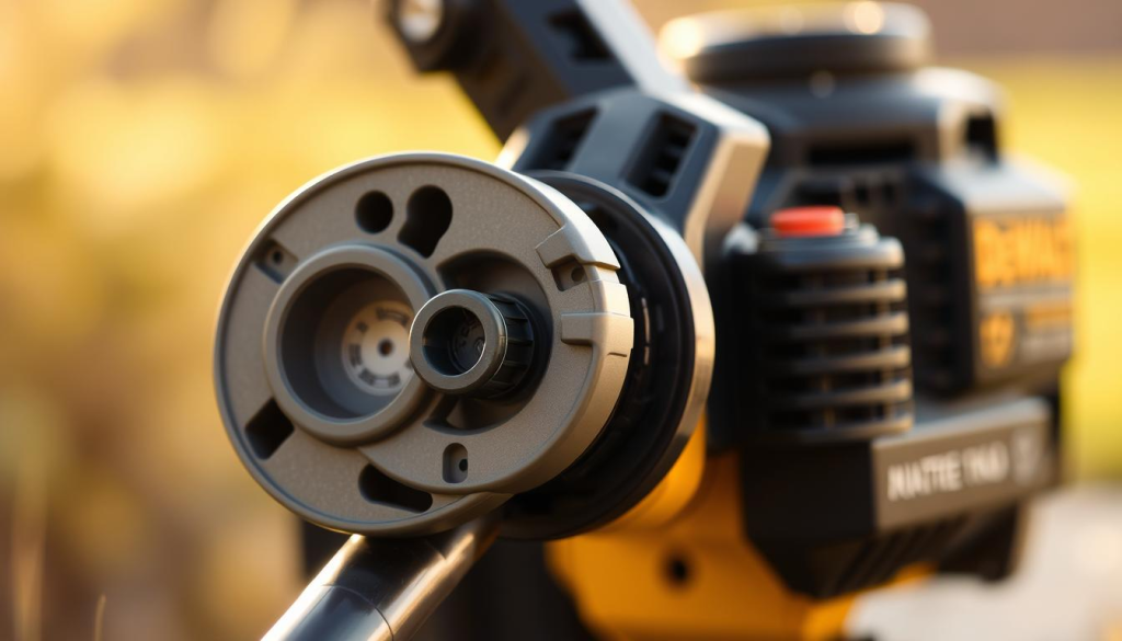 A close-up view of the Dewalt QuickFeed string trimmer mechanism, showcasing its innovative technology. In the foreground, the spool housing and feed mechanism are prominently displayed, highlighting the ease of line advancement. The middle ground features the ergonomic handle and controls, conveying the user-friendly design. The background subtly depicts the trimmer's powerful motor, hinting at its performance capabilities. Soft, warm lighting illuminates the scene, creating a welcoming and approachable atmosphere. The overall composition emphasizes the thoughtful engineering and practical benefits of the QuickFeed system.
