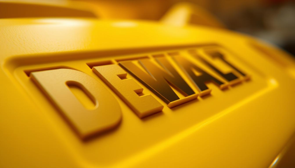 A close-up view of the iconic DeWalt yellow color, captured in intricate detail. The surface texture appears smooth and reflective, with subtle variations in hue and tone that suggest depth and dimension. The lighting is soft and diffused, casting a warm, golden glow that highlights the vibrant, yet sophisticated nature of the color. The background is blurred and out of focus, allowing the viewer to concentrate solely on the captivating essence of the DeWalt yellow. The image exudes a sense of quality, durability, and precision, reflecting the brand's reputation for excellence in the construction and industrial tools industry.