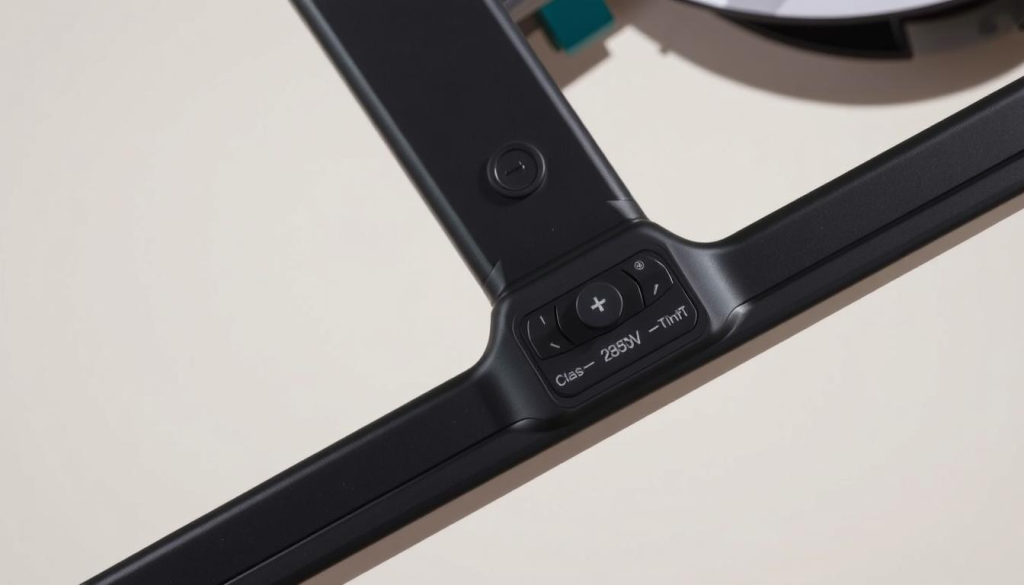 A close-up view of the user-friendly controls on a Makita 40V Track Saw, showcased against a neutral background with soft, even lighting. The controls are prominently displayed, highlighting their intuitive layout and accessibility. The saw's sleek, modern design is apparent, with clean lines and a matte black finish. The frame is positioned at a slight angle, allowing for a clear view of the controls' arrangement and functionality. The image conveys a sense of precision, efficiency, and ease of use, reflecting the saw's capabilities and the "Ease of Use" section of the article.