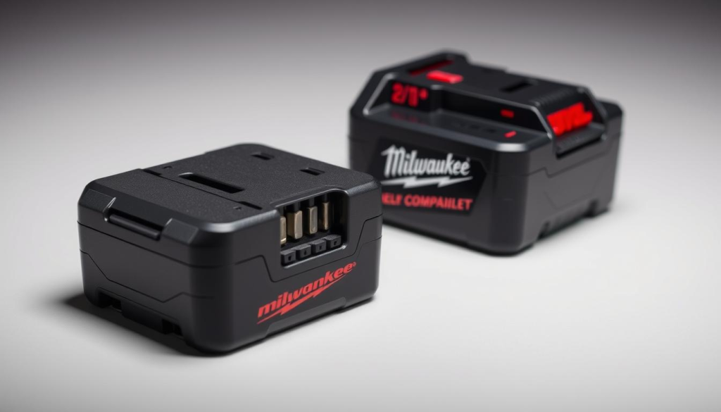 A close-up view of two Milwaukee power tool batteries, their cross-compatible terminals and contacts prominently displayed. The batteries are positioned against a neutral, muted background, illuminated by soft, indirect lighting that emphasizes their sleek, modern design. The image captures the key technical features that allow these batteries to be interchanged between Milwaukee power tools, conveying a sense of compatibility, reliability, and high-performance.